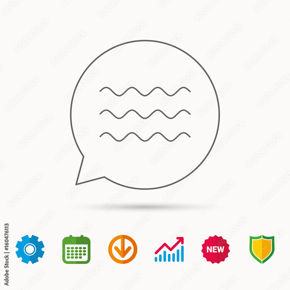 Waves icon. Sea flowing sign. Water symbol. Calendar, Graph chart and Cogwheel signs. Download and Shield web icons. Vector Waves icon. Sea flowing sign. Water symbol. Calendar, Graph chart and Cogwheel signs. Download and Shield web icons. Vector