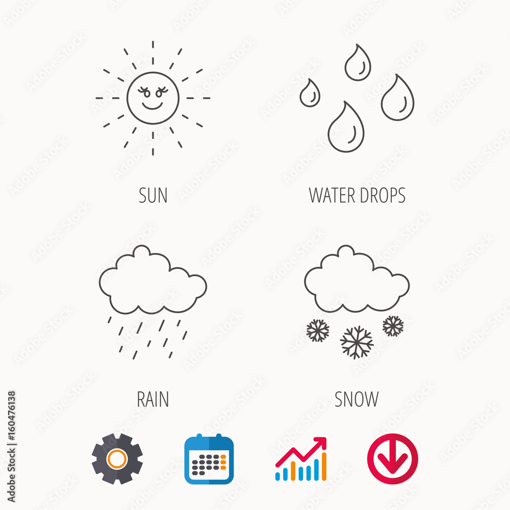 Weather, sun and rain icons. Snow linear sign. Calendar, Graph chart and Cogwheel signs. Download colored web icon. Vector Weather, sun and rain icons. Snow linear sign. Calendar, Graph chart and Cogwheel signs. Download colored web icon. Vector