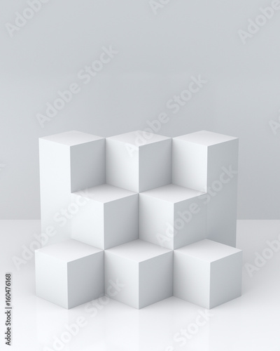 White cube boxes with white blank wall background for display. 3D rendering. 