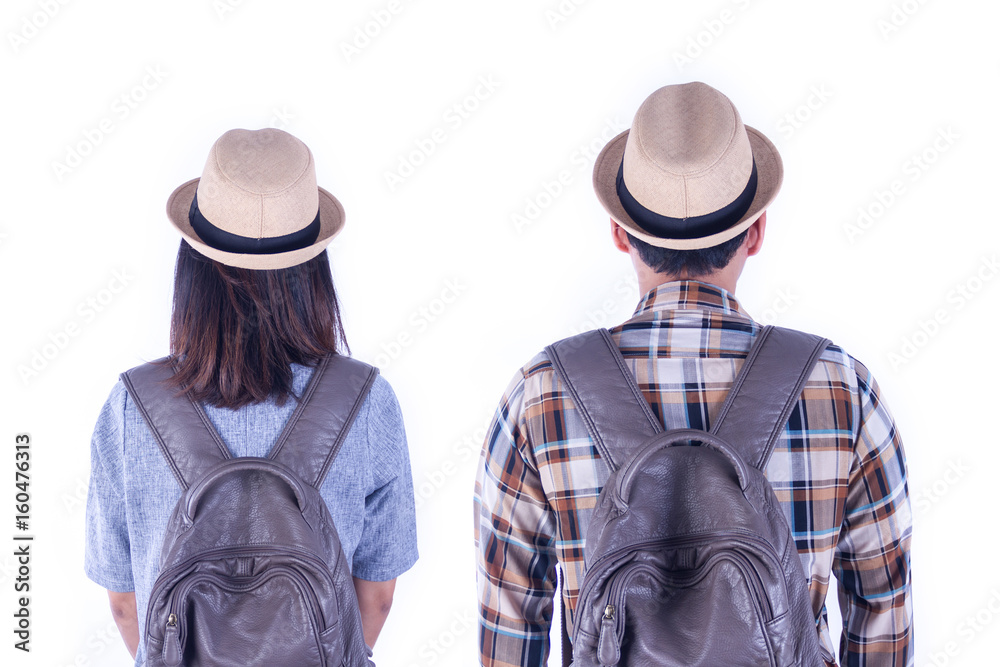 Man and women with backpack on white background Man and women with backpack on white background