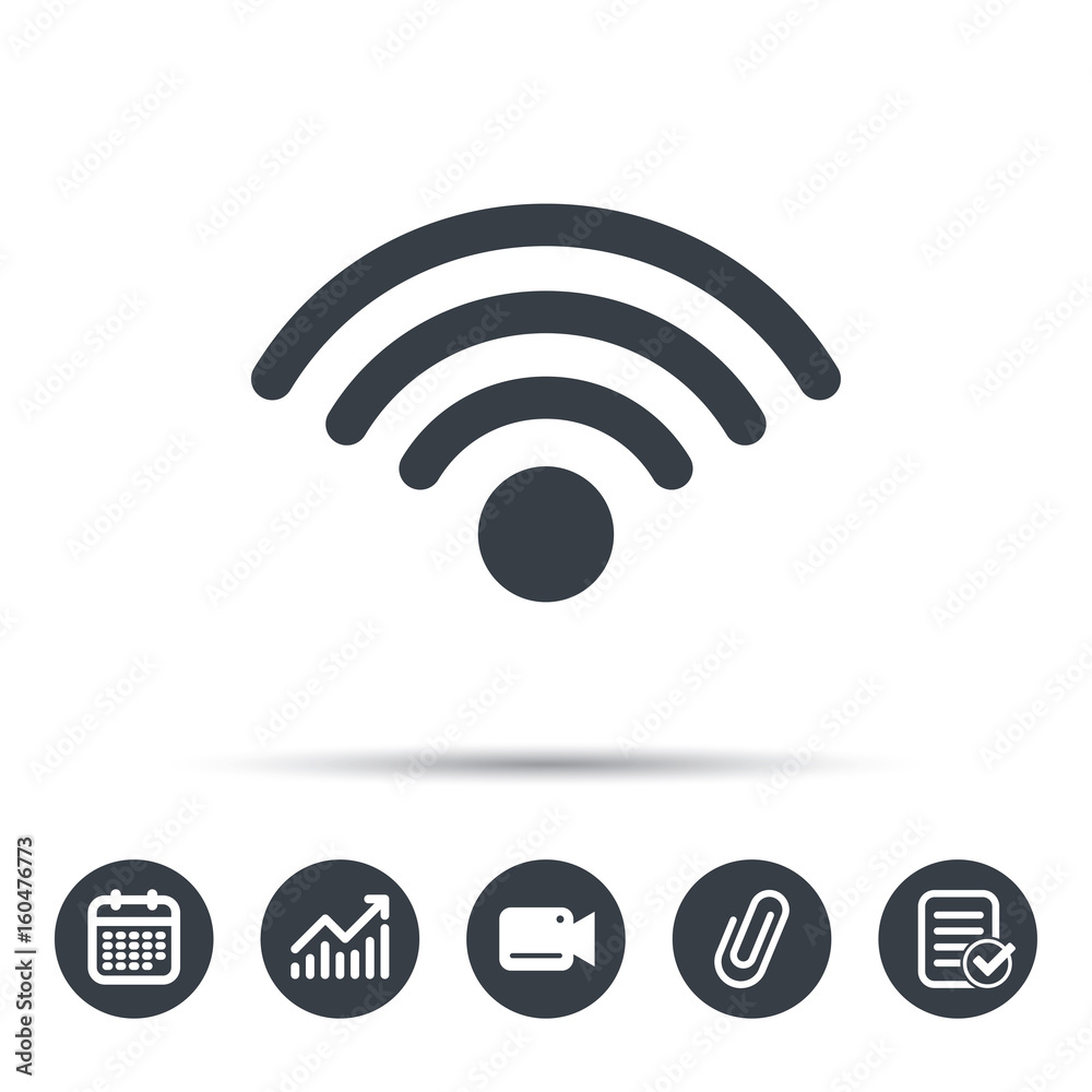 Wifi icon. Wireless internet sign. Communication technology symbol. Calendar, chart and checklist signs. Video camera and attach clip web icons. Vector Wifi icon. Wireless internet sign. Communication technology symbol. Calendar, chart and checklist signs. Video camera and attach clip web icons. Vector