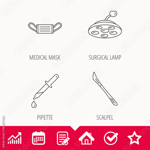 Medical mask, scalpel and pipette icons. Surgical lamp linear sign. Edit document, Calendar and Graph chart signs. Star, Check and House web icons. Vector