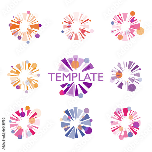 Cartoon explosion of lines, rays and balls logo set. Flapper and abstract Bengal lights. Holiday element, vector illustration of a firework colorful logotype collection.