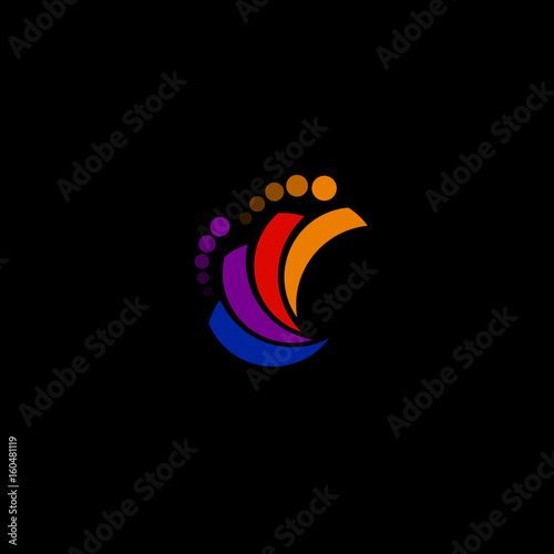 Abstract rainbow logo with circles with circles vector promo logotype. A man of style in motion bright event dotted logo on black background.