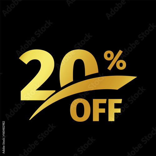 Black banner discount purchase 20 percent sale vector gold logo on a black background. Promotional business offer for buyers logotype. Twenty percentage off, discounts in the strict style coupon.