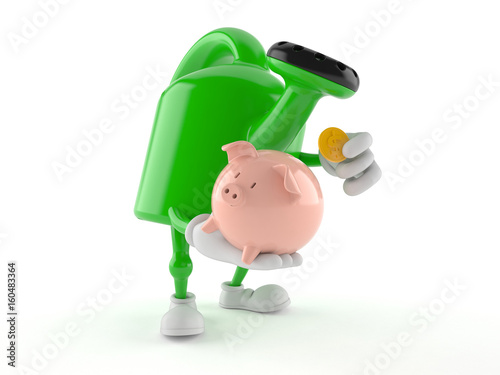 Watering can character holding piggy bank
