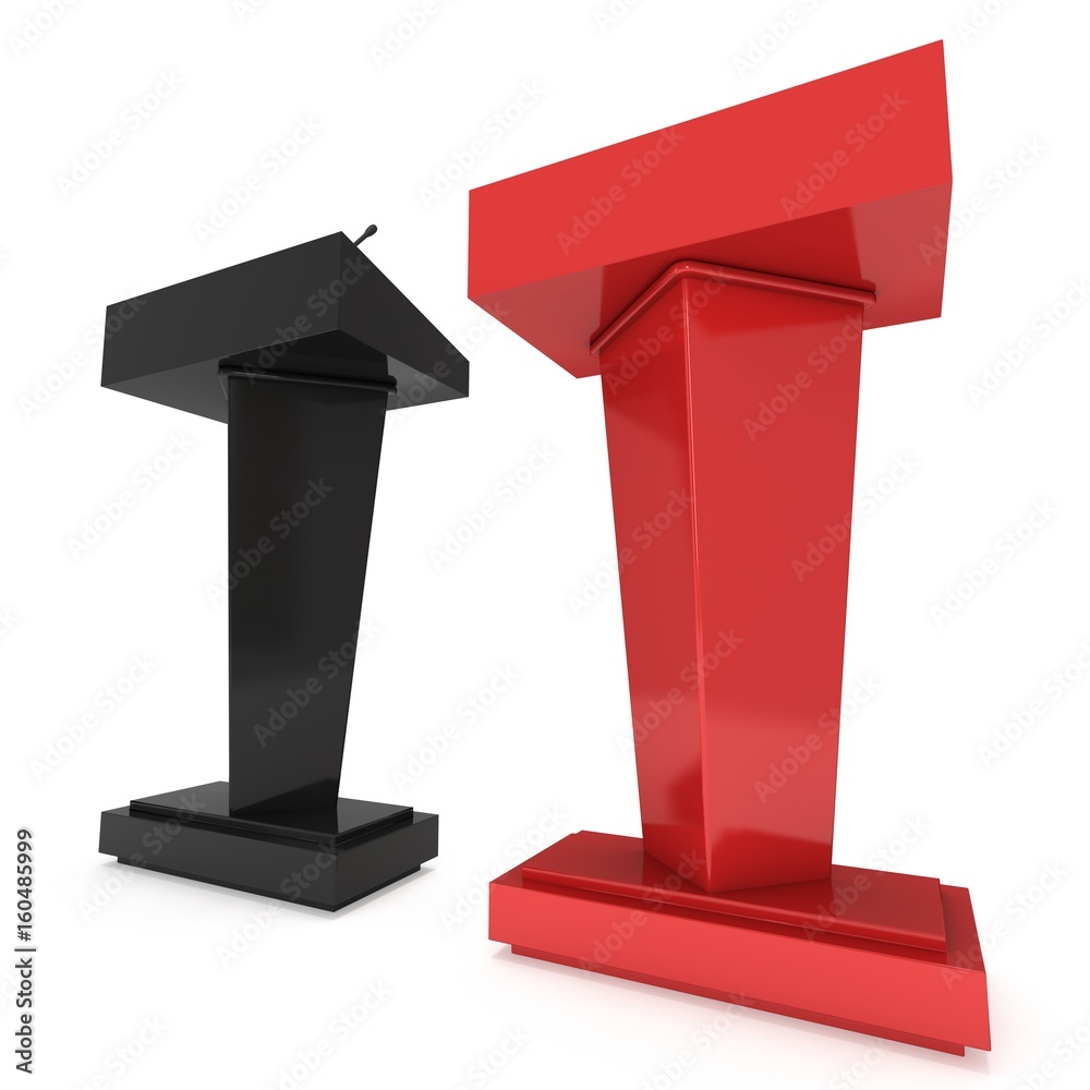 3d Speaker Podium. Red and Black Tribune Rostrum Stand with Microphones. 3d render isolated on white background. Debate, press conference concept 3d Speaker Podium. Red and Black Tribune Rostrum Stand with Microphones. 3d render isolated on white background. Debate, press conference concept