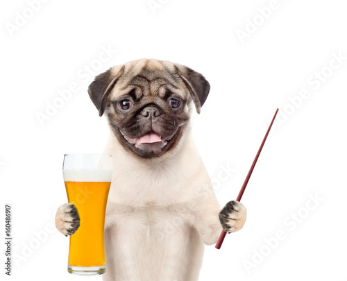 Puppy with a glass of beer and pointing stick. isolated on white background © Ermolaev Alexandr