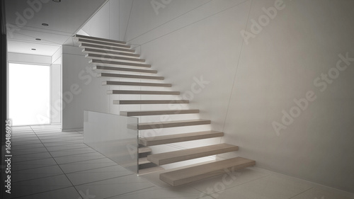 Unfinished project of modern entrance hall with wooden staircase  sketch abstract interior design