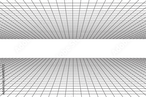 Grid plane with horizont line. Abstract background made in 80s vintage style. Vector illustration for your graphic design. photo