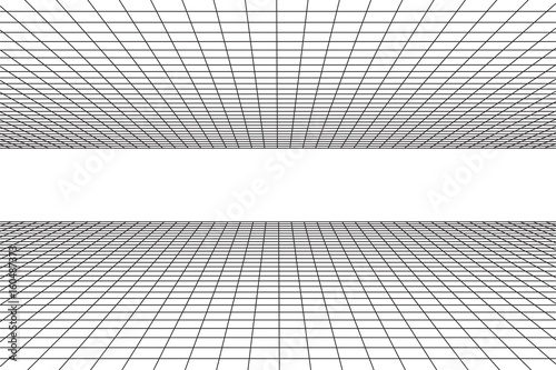 Grid plane with horizont line. Abstract background made in 80s vintage style. Vector illustration for your graphic design.