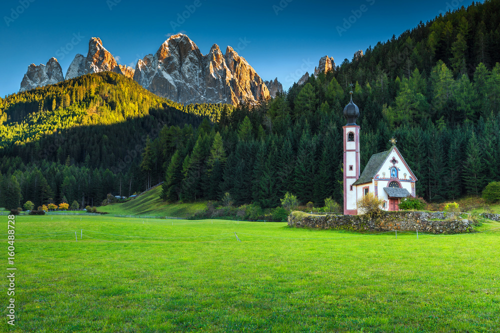 Famous St Johann church in Santa Maddalena alpine village, Italy