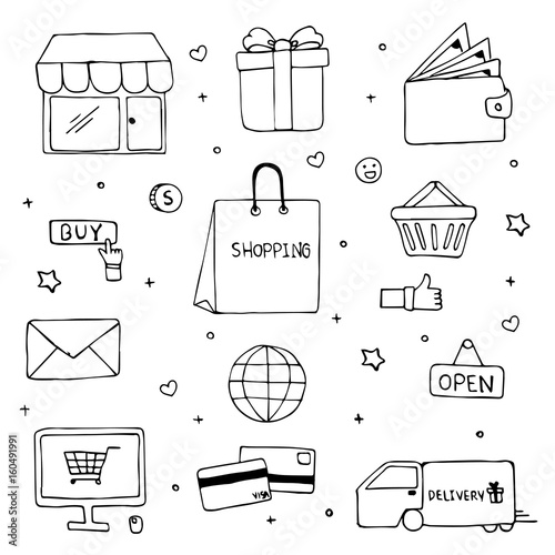 Hand drawn of shopping doodle art vector design. Ecommerce shopping concept.