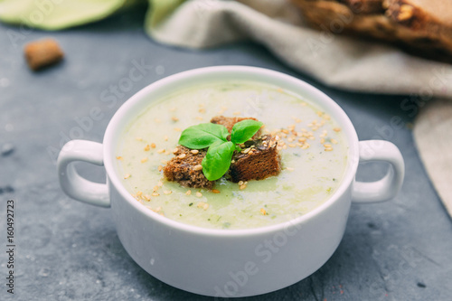 Vegetarian soup with croutons bread