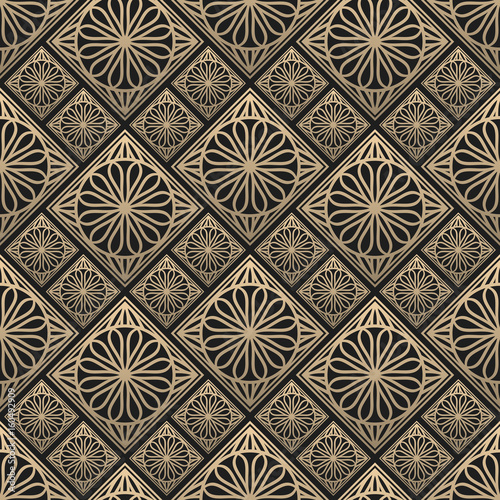 Seamless pattern oriental ornament. Black and golden textile print. Islamic vector design. Floral tiles.
