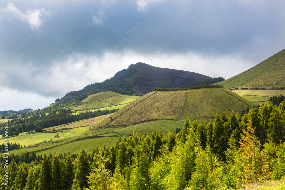 Fototapeta premium Landscape over blue and green lakes.