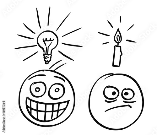Vector Cartoon of Two Men, One with Light Bulb, Second With Candle Above their Heads
