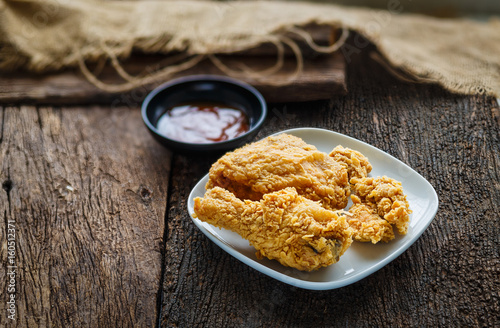 crispy fried chicken in a wooden table