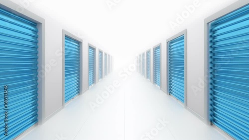 Flight through storage area with blue rolling shutters.
Loop ready animation of hall filled with storage doors.