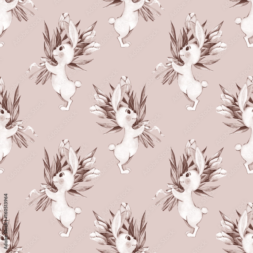 Obraz premium Seamless pattern with cartoon white rabbits and flowers. Watercolor illustration 5