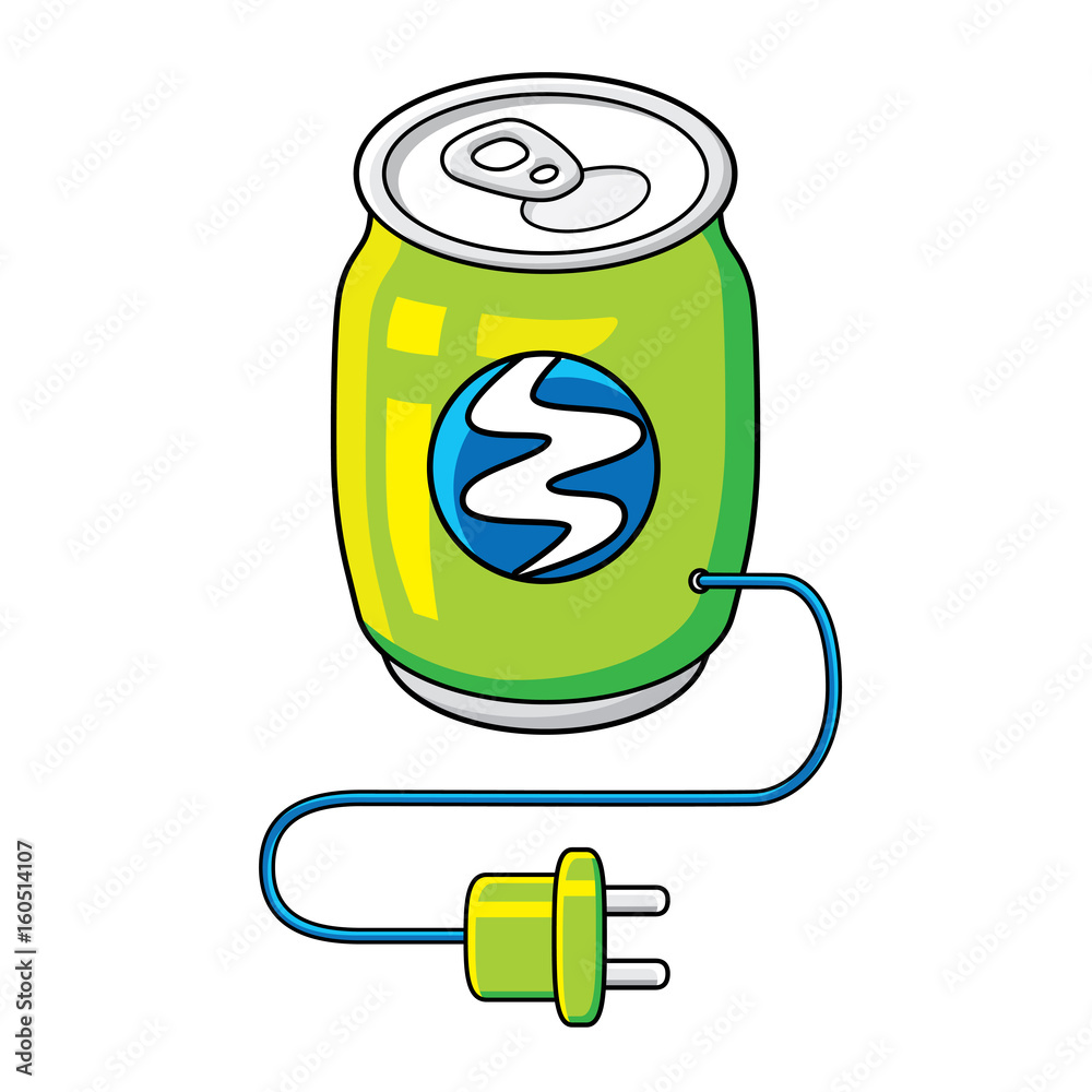 Fototapeta premium Green energy drink can with AC power charging plug isolated. Power filling concept.