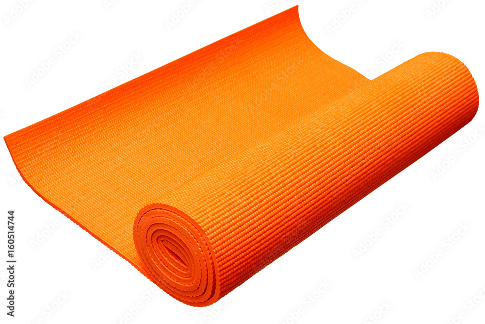 Obraz premium Orange yoga mat isolated on white background with clipping path.