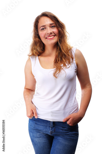 Smiling brunette girl in white shirt isolated on white