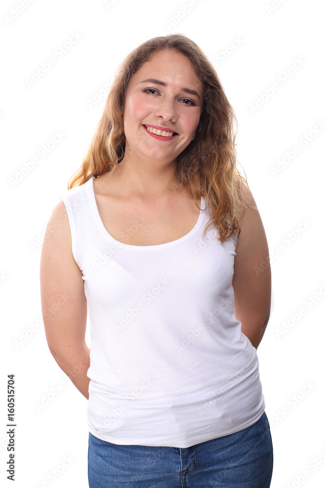 Brunette woman in white shirt isolated on white Brunette woman in white shirt isolated on white