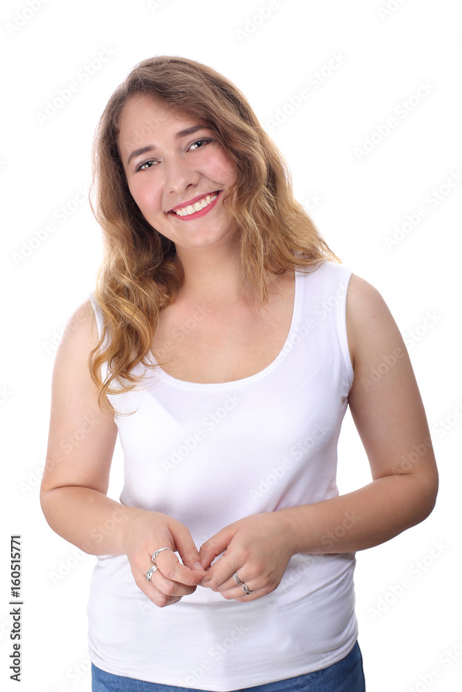 Smiling brunette girl in white shirt isolated on white