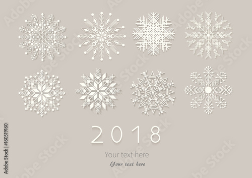 Happy New Year 2018 card with paper snowflakes. Applique background. Vector illustration.  EPS10.