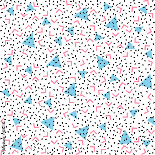 Abstract pattern blue background with blue triangles, pink angles and black points.
