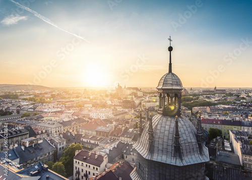 Aerial view of the Corpus Christi Church and Wawel Castle in Krakow, Poland at sunset time