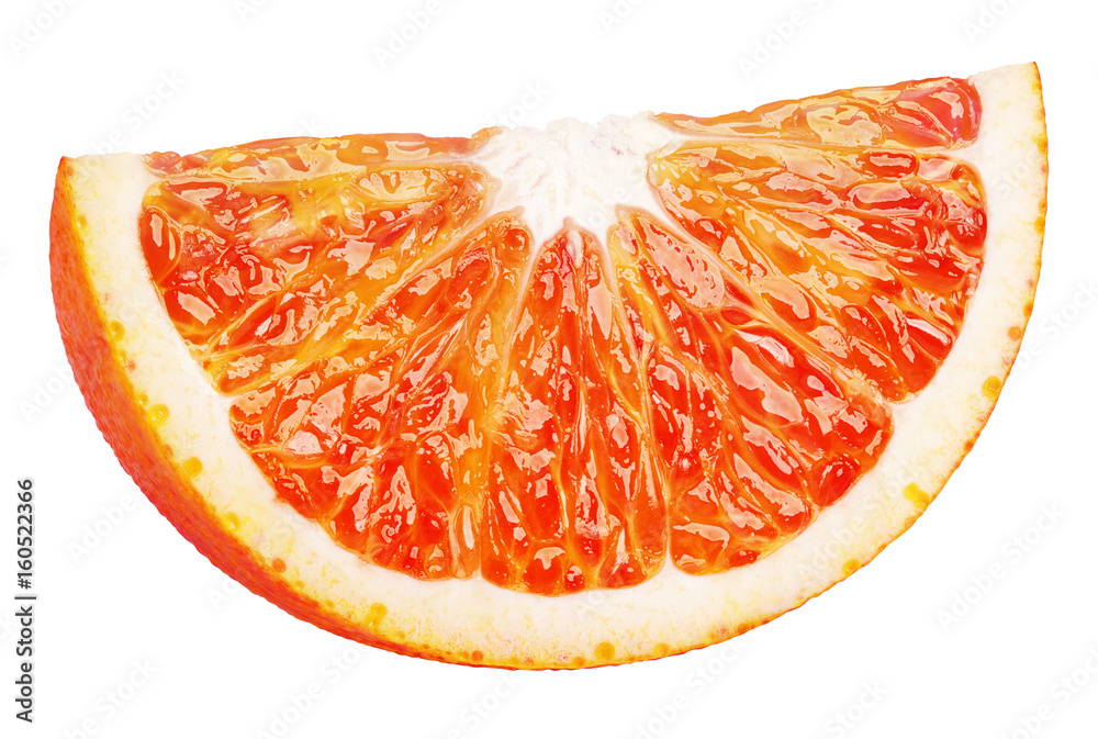 Ripe wedge of blood red orange citrus fruit isolated on white background. Sanguinello blood orange slice with clipping path