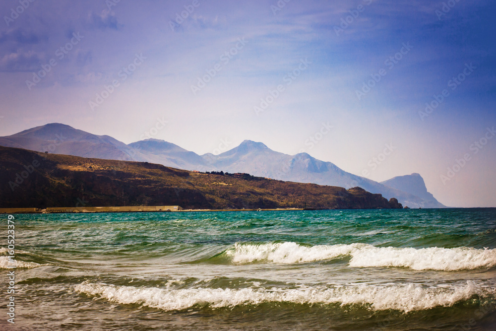 Beautiful Sicilian seascape with mountains. Wallpaper photo