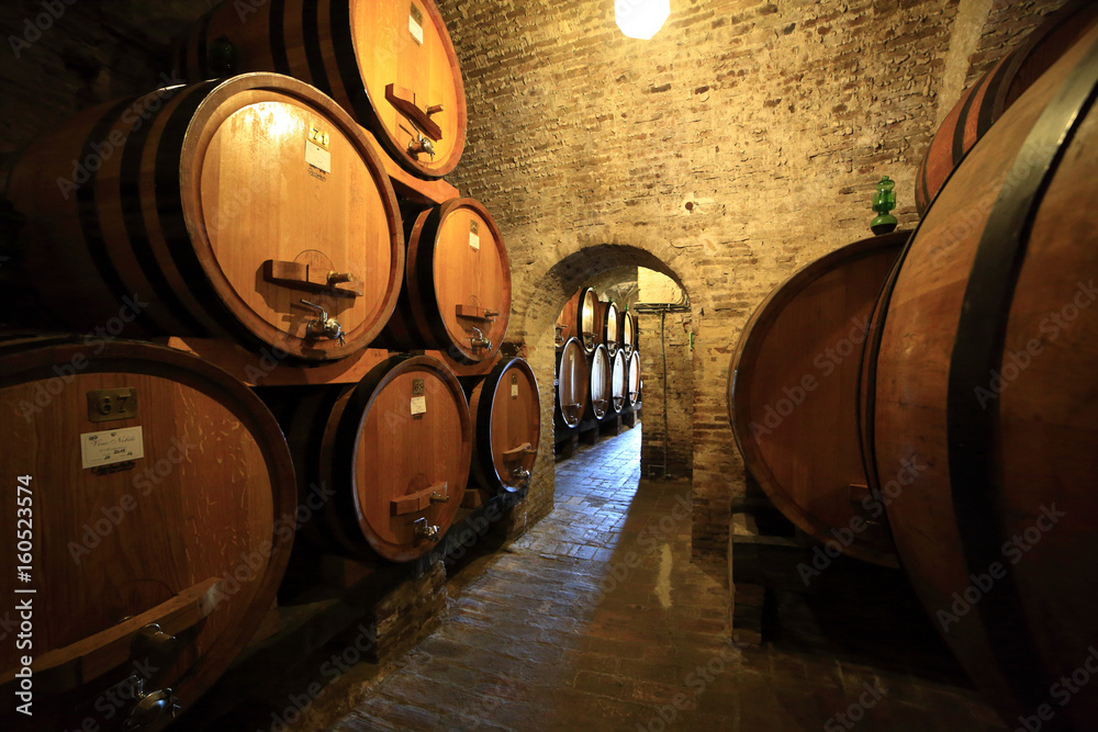 Italia,Toscana, Montepulciano, cantina con botti di vino in invecchiamento.