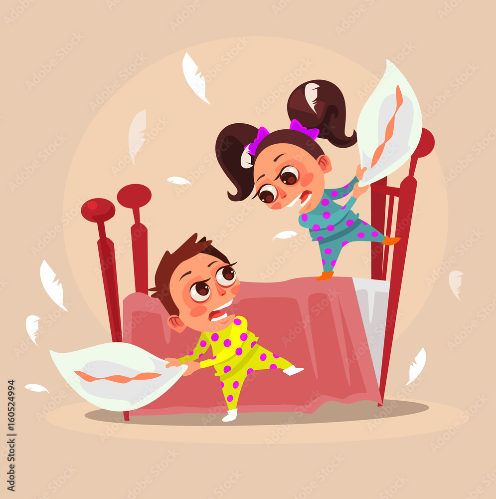Happy smiling little children brother boy and sister girl characters fight  with pillows. Vector flat cartoon illustration Stock Vector | Adobe Stock