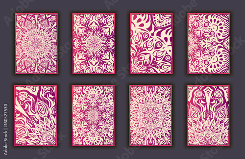 Card set with floral lace decorative mandala elements background. Asian Indian oriental ornate banners