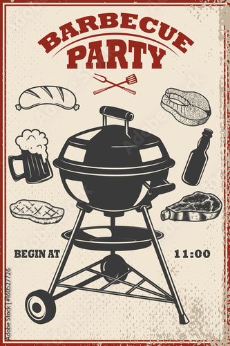 Barbecue party flyer template. Grill, fire, grilled meat, beer, butcher tools. Design elements for poster, restaurant menu. Vector illustration