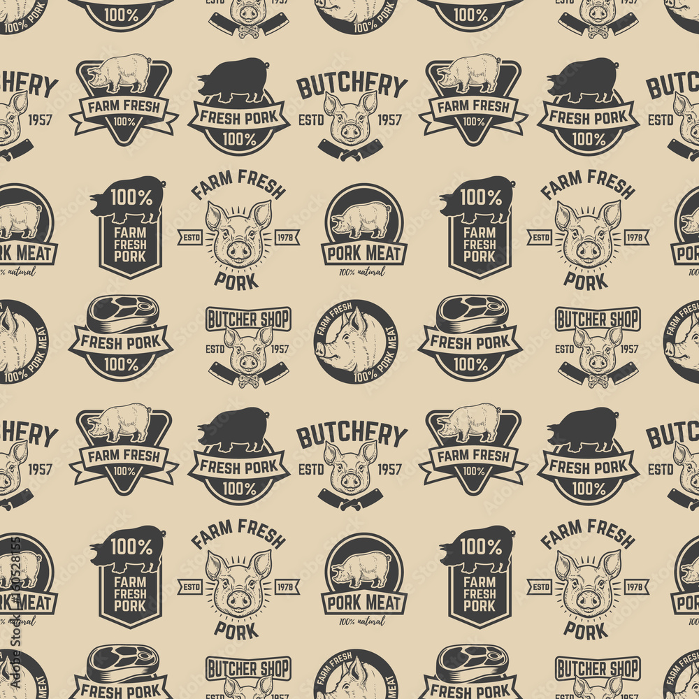 farm fresh pork meat labels pattern. Design element for poster, wrapping paper. Vector illustration