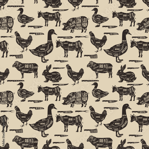 Diagram guide for cutting meat seamless pattern. Pork, cow, goose, chicken, duck,rabbit, kitchen knives.  Design element for poster, wrapping paper. Vector illustration