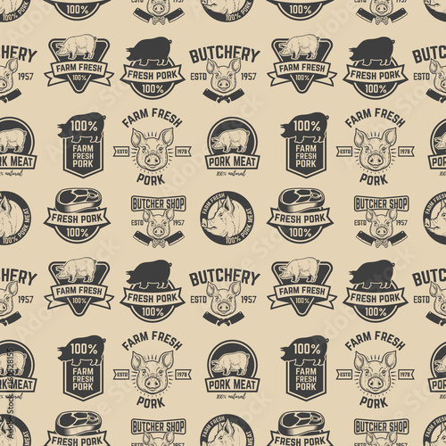 farm fresh pork meat labels pattern. Design element for poster, wrapping paper. Vector illustration