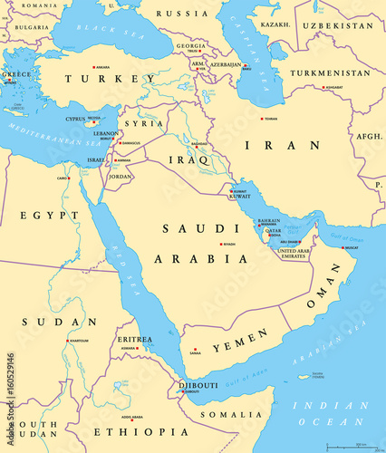 Middle East political map with capitals and national borders. Transcontinental region centered on Western Asia and Egypt. Also Middle-Eastern  Near or Far East. Illustration. English labeling. Vector.
