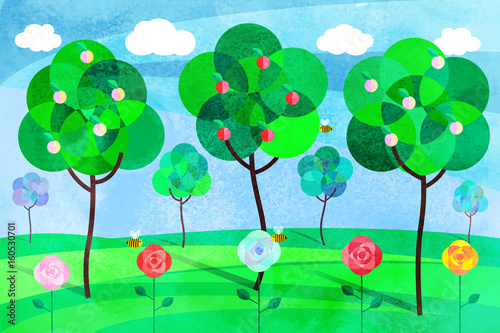Summer landscape, green fruit trees, roses