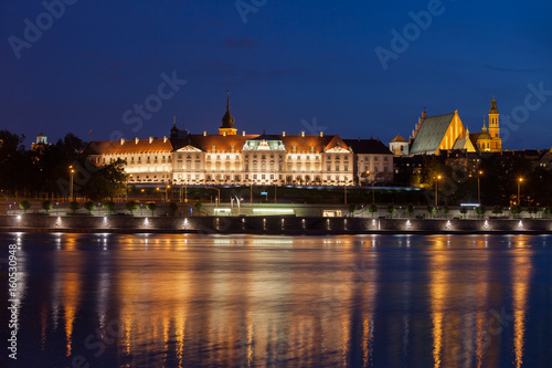 Royal Castle in Old Town of Warsaw at Night from Vistula River in Poland