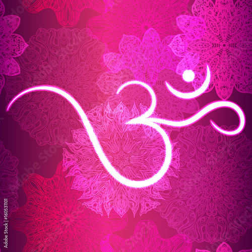 Ornate floral seamless texture, endless pattern with glowing bright mandala elements and ohm symbol