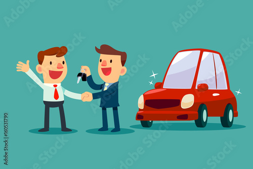 car salesman give a handshake and new car key to businessman