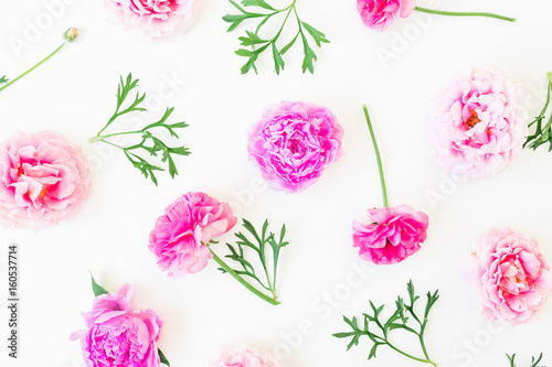 Fototapeta Naklejka Na Ścianę i Meble -  Floral pattern of beautiful pink rose flowers and peonies on white background. Flat lay, top view.