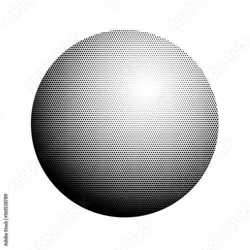 Abstract halftone, minimalist ball, circle on white background. Comic style shape, gradient halftone pop-art retro style from dots. Template for ad, covers, posters, advertising actions.