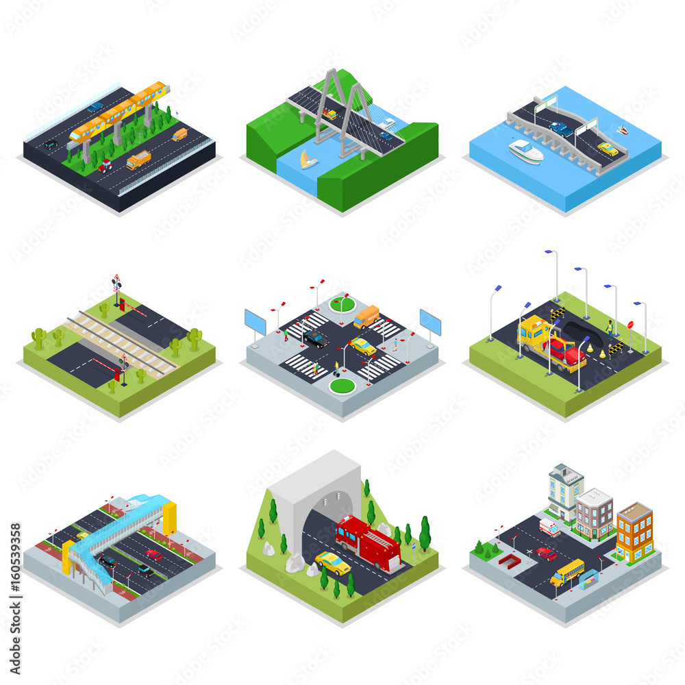 Isometric Urban Infrastructure with Roads, Crossroad, Cars and Bridge. City Traffic. Vector flat 3d illustration