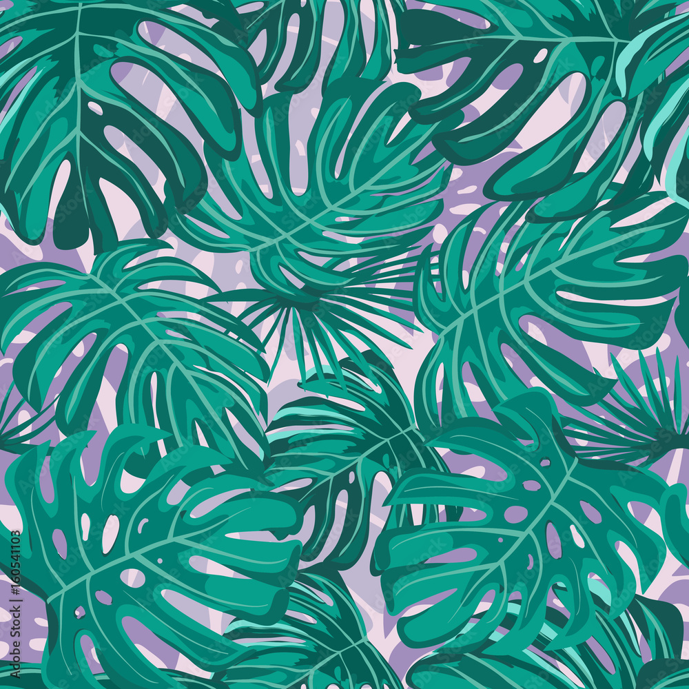Seamless pattern with exotic tropical leaves. Decorative vector background.